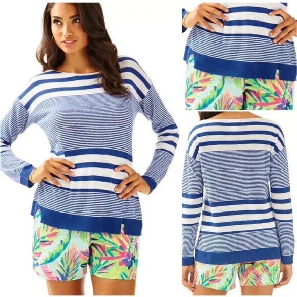 LILLY PULITZER | Camilla Linen Blue & White Striped Sweater Women’s Size Medium - Picture 1 of 13